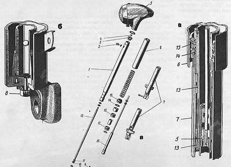 Устройство передней вилки: а — амортизатор; б — буферный амортизатор; в — основные детали передней вилки; 1 — несущая труба; 2 — клапан; 3 — гайка несущей трубы; 4 — гайка штока верхняя; 5 — верхний кожух фары; 6 — верхний кожух; 7 — наконечники перьев; 8 — спускная пробка; 9—гайка; 10 — поршень; 11 — направляющая; 12—шток амортизатора; 13 — втулки буферных амортизаторов; 14 — прокладка; 15—гайка наконечника с силовым направляющим кольцом; 16 — гидравлический амортизатор