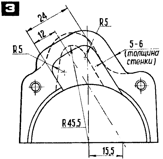 Рис. 3. Окна продувочных каналов в картере двигателей М-106 (сплошная линия) и старых моделей (пунктир)